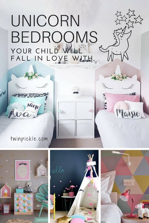 Pinks, purples, shades of ice cream and gold. From murals to polka dots, sprinkles and flowers... these unicorn bedrooms are full of magic and whimsy. #unicorn #kidsdecor Unicorn Bedrooms, Unicorn Bedroom Decor, Bedroom Purple, Unicorn Bedroom, Childrens Bedroom, Unicorn Kids, Kids Bedrooms, Trendy Bedroom, Kids Interior