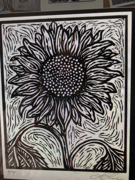 Flower Relief Print, Sunflower Lino Print, Linocut Prints Art, Linocut Flowers, Linocut Printmaking, Lino Art, Linocut Art, Flower Sketches, Relief Print