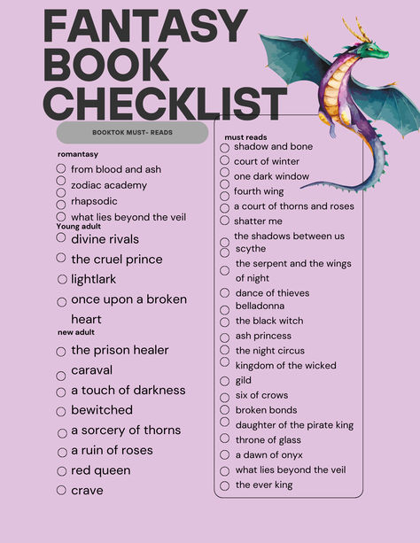 book list Fantasy Book Template, Fantasy Book Challenge, Fantasy Reading Challenge, Book Dragon Wallpaper, Fantasy Classes List, Fae Fantasy Books, Fantasy Book Checklist, Fantasy Book Fanart, Fantasy Books Recommendations