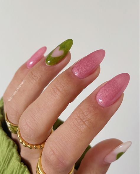 Green And Pink Nails Aesthetic, Nail Ideas Pink And Green, Green And Pink Valentines Nails, Pink Nails Green Tips, Spring Nails Pink And Green, Valentines Day Nails Green, Army Green And Pink Nails, Basic Easy Nails, Sage Green And Light Pink Nails