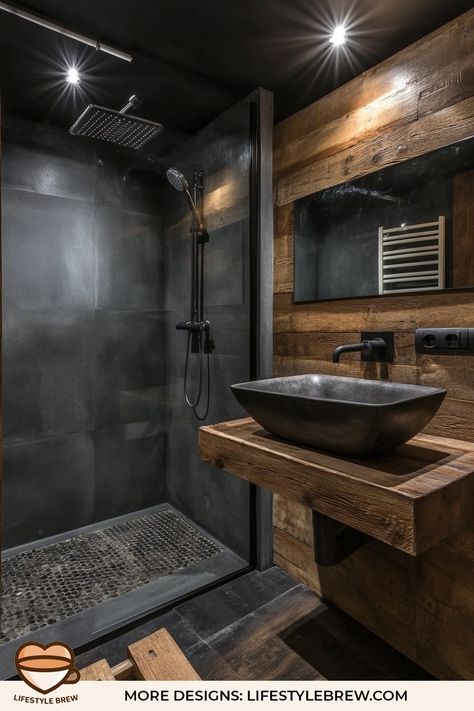 Industrial Sytle Bathroom Ideas - LifeStyle Brew Rustic Bathroom Designs Small Spaces, Industrial Style Bathroom Ideas, Small Dark Bathroom, Stylish Bathroom Design, Modern Farmhouse Bathroom Ideas, Dark Wood Bathroom, Bathroom Basement, Farmhouse Bathroom Ideas, Industrial Style Bathroom