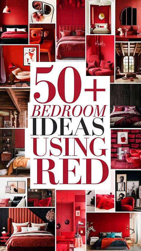 50+ Bedroom Ideas Using Red Red And Black Bedroom Ideas For Women, Red Comforter Bedroom Ideas, Cherry Bedroom Decor, Red And Black Bedroom, Yellow Headboard, Red Bedroom Ideas, Red Room Decor, Cherry Bedroom, Red Comforter