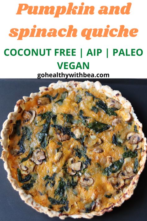 Try this healthy and easy gluten free, dairy free pumpkin, spinach and mushroom quiche. This recipe can be made with bacon or you can make it vegan whatever you choose, it is AIP, paleo and coconut free thanks to the cassava flour pie crust! Aip Diet Recipes, Aip Baking, Pumpkin Spinach, Aip Breakfast, Autoimmune Recipes, Autoimmune Paleo Recipes, Aip Paleo Recipes, Dairy Free Pumpkin, Spinach Quiche