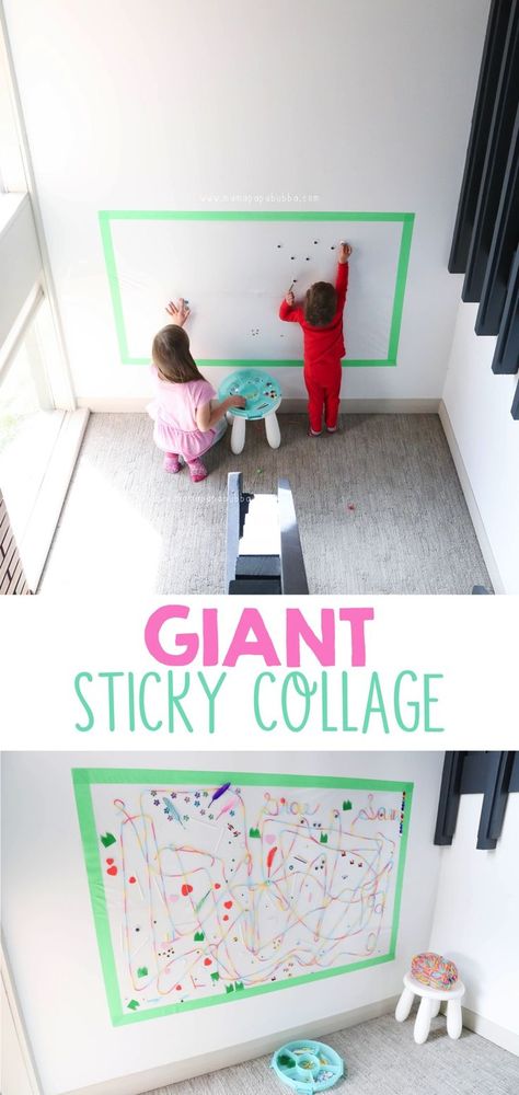 Giant Sticky Collage | Mama.Papa.Bubba. Bfg Party, Easel Ideas, Wall Activities, Family Rituals, Sticky Wall, Teacher Board, Toddler Arts And Crafts, Fine Motor Skills Activities, Invitation To Play