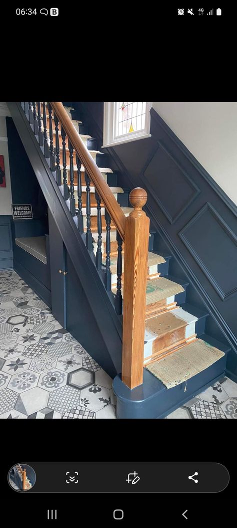 Navy Banister, Dark Blue Stairs, Navy Staircase, Navy Stairs, Navy Hallway, Blue Staircase, Staircase Paneling, Modern Victorian Decor, Dark Staircase