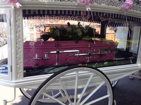 Pink Coffin Aesthetic, Furneal Ideas, Coffin Aesthetics, Aesthetic Coffins, Pretty Coffins, Horse Drawn Carriage, Pink Coffin, Aesthetic Goth, Last Ride