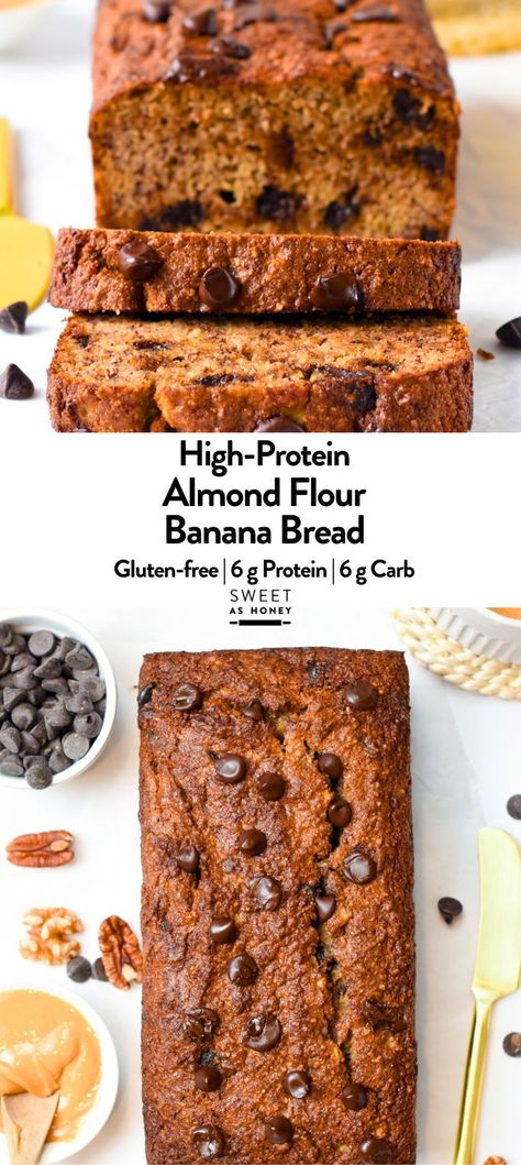 This Almond Flour Banana Bread is an easy, healthy recipe with no sugar added and dairy-free!Bonus, this banana bread is also low-carb with only 6 grams of net carbs per slice, 3 times less than regular banana bread, and perfect as a diabetic-friendly banana bread recipe. Keto Bannan A Bread Recipe, Low Carb Banana Recipes, Banana Bread Recipe Almond Flour, Almond Flour Banana Bread Recipe, Banana Bread With Almond Flour, Banana Bread Low Carb, Low Carb Banana Bread, No Sugar Banana Bread, Banana Bread Almond Flour