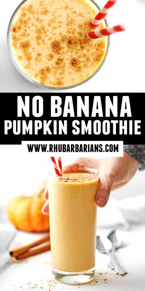 No banana pumpkin smoothie! This is my go-to recipe for the best healthy pumpkin smoothie! It's an easy pumpkin pie smoothie recipe with no banana! I love this pumpkin spice breakfast smoothie with yogurt. // Rhubarbarians // Smoothie Ideas Easy, Pumpkin Puree Smoothie Healthy, Pumpkin Yogurt Smoothie, Healthy Pumpkin Smoothie Recipe, Pumpkin Spice Breakfast Smoothie, Breakfast Pumpkin Pie Smoothie, Pumpkin Smoothie Without Banana, Pumpkin Pie Smoothie No Banana, Pumpkin Pie Smoothie Recipe