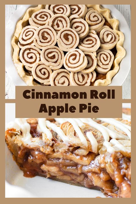 Step aside plain old apple pie, this Cinnamon Roll Apple Pie will win out every time. A flaky crust is filled with the best apple pie filling and topped with mini cinnamon rolls made from pie crust and baked up perfectly. Drizzle it with a cream cheese glaze and prepare to be blown away by how amazing this pie is. It tastes as good as it looks! Apple Pie Made With Cinnamon Rolls, Cinnamon Roll Apple Pie Recipe, Pie Auction Ideas, Apple Cinnamon Pie Recipe, Cinnamon Rolls Apple Pie, Two Crust Apple Pie, Cinnamon Roll Apple Pie Bake, Cinnamon Roll Pie Crust, Cinnamon Roll Pie