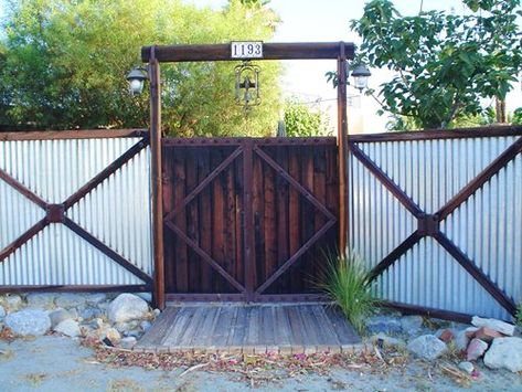 Fence Frame Ideas, Cowboy Bunkhouse, Cheap Backyard Fence Ideas, Corrugated Metal Fence, Metal Fences, Metal Fence Panels, Wooden Gate, Corrugated Tin, Metal Gate