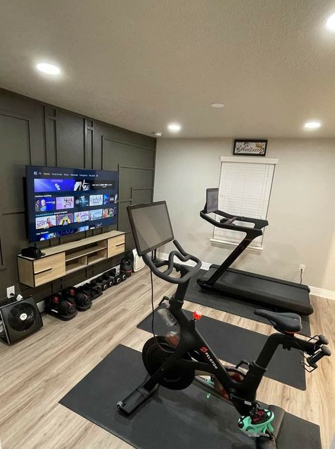 Sports Room Basement, Gym Tv Room, Home Gym Asethic, Weight Room Ideas Home Gyms Small Spaces, Inside Home Gym Ideas, Home Gym Ideas For Women, Game Room Gym Combo, Home Gym And Game Room, Work Out Rooms At Home