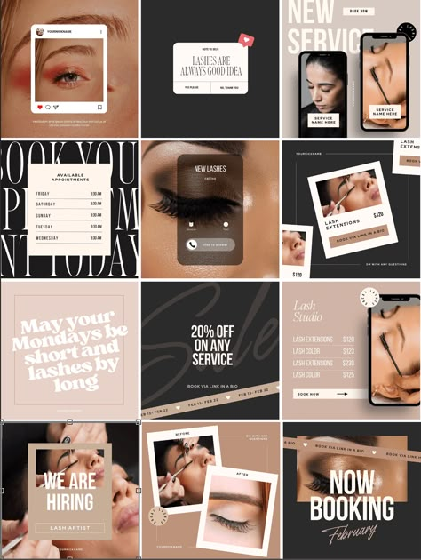 Shop Lash Artist Instagram Post Templates Instagram Salon Ideas, Cosmetics Posts For Instagram, Lash Studio Instagram Feed, Lash Tech Instagram Templates, Client Spotlight Instagram Post, Instagram Salon Posts, Lash Business Logo Design Ideas, Lash Instagram Story Ideas, Social Media Feed Design Marketing