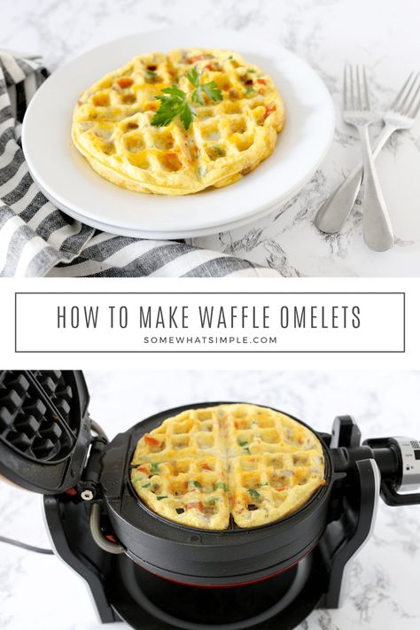 collage of the pictures showing how to make a waffle omelet #vegetables #cheese #pork #dairy #breakfast Eggs In Dash Waffle Maker, Eggs In Waffle Iron, Eggs Made In Waffle Iron, Mini Waffle Maker Eggs, Waffle Maker Omelette, Eggs Waffle Maker, Egg In Mini Waffle Maker, Eggs In Mini Waffle Maker, Eggs On Waffle Maker