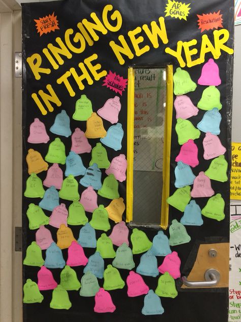 Classroom door decoration- New Years resolutions with name and individual AR goal written on each bell Classroom Door Ideas New Year, New Years Preschool Door Ideas, New Years Teacher Door, New Year School Door Decoration, New Year Door Ideas For Classroom, January Daycare Door Ideas, New Years Bulliten Board, New Years Classroom Door Ideas, Happy New Year Classroom Door Ideas