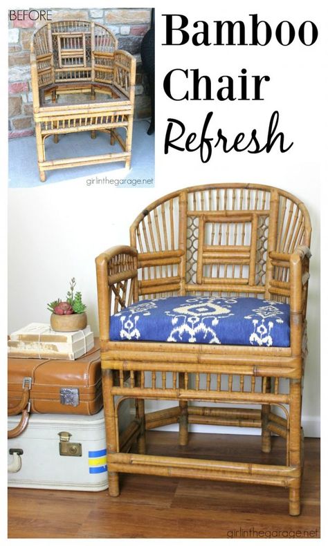 Bamboo chair makeover refresh - and how to make a new seat for a chair. By Girl in the Garage Bamboo Chair Makeover, Bamboo Furniture Makeover, Bamboo Furniture Diy, Diy Furniture Chair, Upcycled Furniture Diy, Bamboo Chair, Bamboo Furniture, Chair Makeover, Interior Design Diy