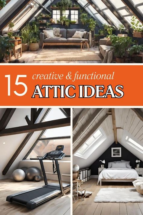 Explore 15 creative and functional space ideas for your attic design, where each concept offers unique possibilities for your attic renovation, with number 11 boasting an innovative solution that costs almost nothing. Farmhouse Attic Space, Attic With Dormers, Above The Garage Room Ideas, Cheap Attic Renovation, Attic Space Ideas Low Ceilings, Attic Makeover Before After, Garage Attic Ideas, Third Floor Attic Ideas, Finished Attic Space