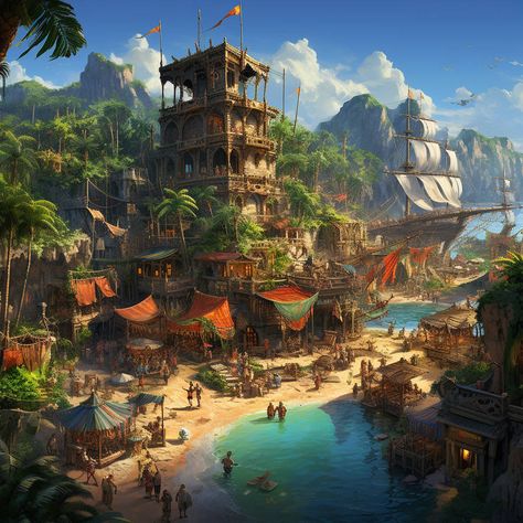 Pirate Island Concept Art, Pirate Architecture, Dnd Island, Pirate City, Pirate Town, Steampunk Ship, Steampunk City, Dnd Crafts, Magical Island