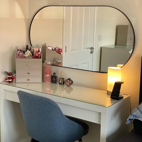 Ikea Malm Glass Top, Vanity Mirror And Desk, Lindbyn Mirror Ikea, Ikea Lindbyn Mirror, Dressing Table Mirror Ideas, Ikea Vanity Ideas, Ikea Room Decor, Malm Table, Malm Vanity