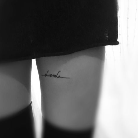 Word tattoo black ink duende inner thigh placement calligraphic Thigh Word Tattoo, Inner Thigh Tattoo, Inner Thigh Tattoos, Dancer Tattoo, Side Thigh Tattoos, Word Tattoo, Unique Tattoo, Inner Thigh, Fine Line Tattoos