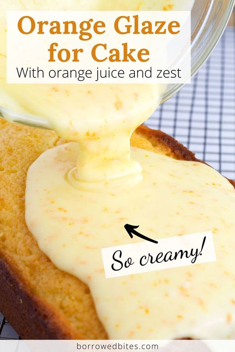 The perfect Orange Glaze is packed with orange flavor, not too sweet, and - best of all - easy to make! This recipe is made with fresh orange juice and zest to make the best orange icing for cake, cookies, cinnamon rolls, and more. Plus it’s the ideal consistency to drizzle and will hold up perfectly on all your baked goods (no more soaking in!) Cake With Orange Curd, Easy Orange Glaze For Cake, Orange Juice Glaze For Cake, Frosting For Orange Cake, Orange Cream Icing, Orange Cinnamon Cake, Orange Cream Cheese Glaze, Orange Bundt Cake With Orange Glaze, Orange Cake Recipe Using Whole Oranges