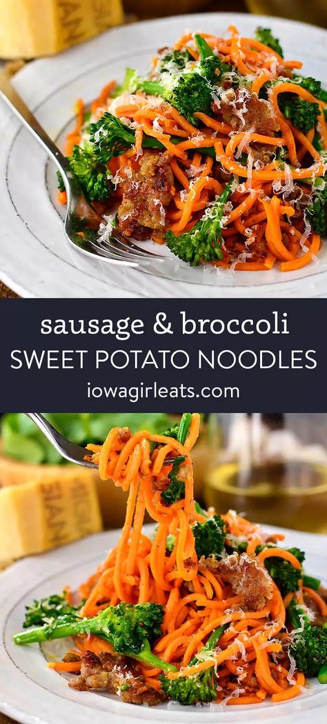 Sweet Potato Spiralizer Recipes, Spiralized Veggie Recipes, Spiralizer Recipes Healthy, Noodles And Broccoli, Sweet Potato Noodles Recipe, Broccoli Sweet Potato, Sausage Sweet Potato, Broccoli Skillet, Veggie Noodles Recipes