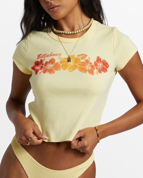 Summer Babe Shrunken T-Shirt - Mellow Yellow – Billabong Billabong Shirts, Retro T Shirts, Fabric Dye, Rib Fabric, Billabong Women, Surfer Girl, Baby T Shirt, Mellow Yellow, Retro Tshirt