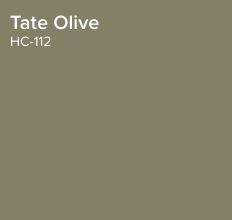 Bm Tate Olive, Tate Olive Benjamin Moore, Benjamin Moore Tate Olive, Olive Benjamin Moore, Tate Olive, Green Pallet, Benjamin Moore Kitchen, Benjamin Moore Exterior, House Color Palettes