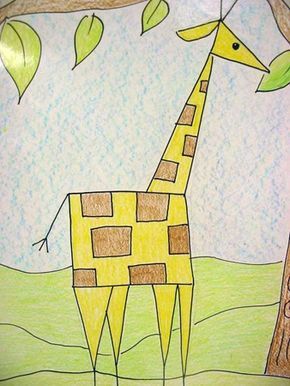 shape giraffe - could have students create other animals using shapes. 1st or 2nd grade, maybe. Geometric Shapes Drawing, Substitute Plans, Shapes Kindergarten, Kindergarten Art Lessons, Animal Art Projects, 2nd Grade Art, Geometric Shapes Art, Shapes For Kids, Drawing Animals