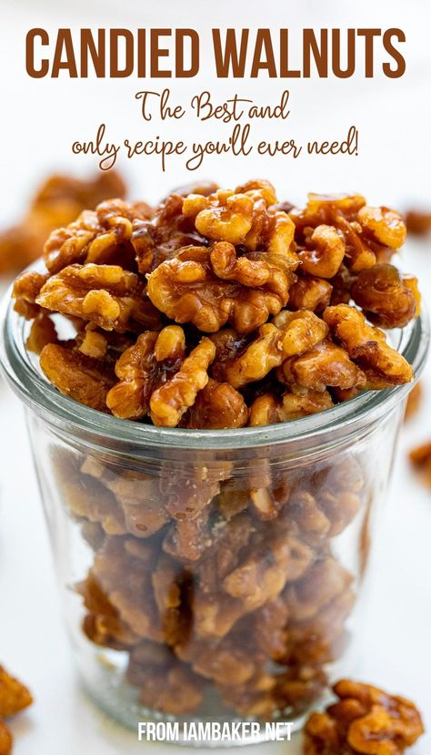 A clear jar, overflowing with candied walnuts. Homade Healthy Snacks, Candied Walnuts In Air Fryer, Candied Walnuts Easy Oven, Candied Walnuts Easy, Walnuts Candied, Candied Walnut Recipe, Easy Candy, Walnut Recipes, Candy Recipes Homemade