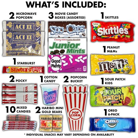 Favorite Movie Night Nostalgic Theater Snacks Candy Gift Box Popcorn Bucket Care Package Lights, camera, snacks! Dive into the ultimate movie night experience with our Favorite Movie Night Snack Candy Gift Box! Packed with 2 fun popcorn buckets, this care package is bursting with delicious treats that will make your movie date night unforgettable. What’s Inside: Popcorn Galore: Classic buttery popcorn to give you that authentic cinema vibe Sweet Treats: A mix of your favorite movie theater candies to keep your taste buds entertained Reusable Popcorn Bucket: Each movie gift box comes with a plastic reusable popcorn bucket. Washable and reusable so environmentally friendly Perfect Gift: Best gift to give to college care packages, military, Happy Birthday, Thank you, Teachers, Nurses, Mom, Da Movie Night Care Package, Movie Bucket Gift Ideas, Movie Box Gift Diy, Popcorn Bucket Gift Ideas, Movie Basket Ideas, Movie Night Basket Ideas, Kid Movie Night Snacks, Movie Gift Basket Ideas, Movie Night Gift Basket Ideas