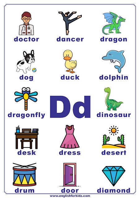 Printable Alphabet Posters for Every Letter. English ABC posters for classroom decoration. Letter D. #ESL, #EFL Letter D Flashcards, Alphabet Pictures Printables, Four Letter Words For Kids, The Letter D Worksheet, Letter D Words, Letter L Words, D Words, D Worksheet, Abc Posters