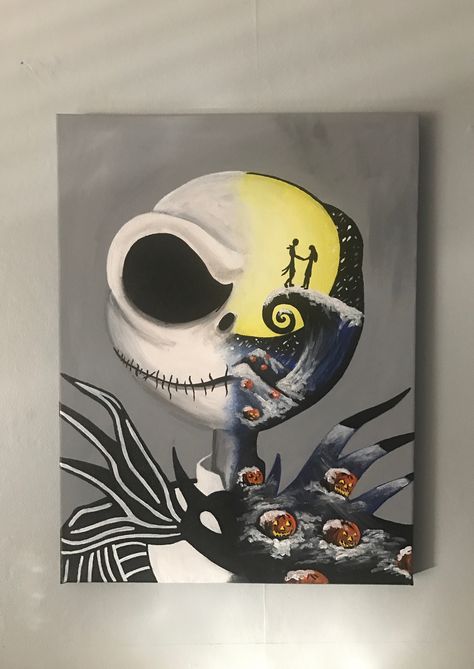 Aesthetic Jack Skellington Wallpaper, Half And Half Canvas Painting Ideas, Jack Skellington Canvas Painting, Jack Skellington Drawings Paintings, Jack Skellington Artwork, Half Paintings Canvas, Creepy Canvas Paintings, Jack The Skeleton Painting, Jack And Sally Painting Canvases