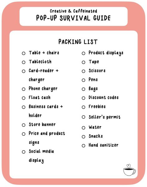 FREE downloadable checklist to help you survive your first pop-up event as a small business owner. Service Based Vendor Booth, Freshie Pop Up Display, Pop Up Vendor Table Ideas, First Pop Up Event, Pop Up Shop Price List Ideas, Vendor Table Signs, Things You Need For A Pop Up Shop, How To Prepare For A Pop Up Shop, Pop Up Store Small Business