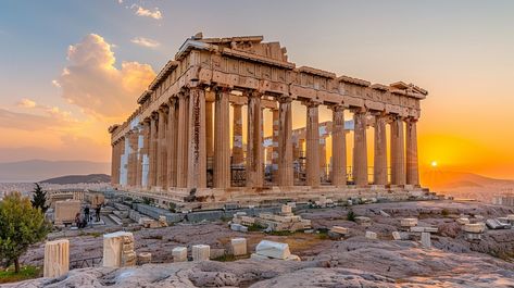 Ancient Parthenon Sunset: The historic Parthenon stands majestic against the vibrant backdrop of a warm sunset in Athens, Greece. #parthenon #sunset #athens #greece #ancient #aiart #aiphoto #stockcake ⬇️ Download and 📝 Prompt 👉 https://ayr.app/l/VRg1 The Parthenon Greece, Antica Grecia Aesthetic, Ancient Greece Landscape, Parthenon Architecture, Tris Tattoo, Athens Parthenon, Athens Greece Aesthetic, Ancient Greece Architecture, Greece Parthenon