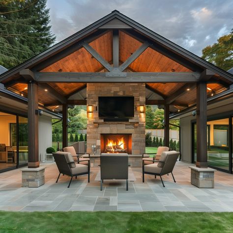 Outdoor Deck With Fireplace, Patio Structures Covered, Outdoor Patio Ideas Fireplace, Outdoor Patio With Roof And Fireplace, Outdoor Pergola With Fireplace, High Ceiling Outdoor Patio, Outdoor Patio Cover With Fireplace, Gazebo Fireplace, Covered Patio Ideas With Tv