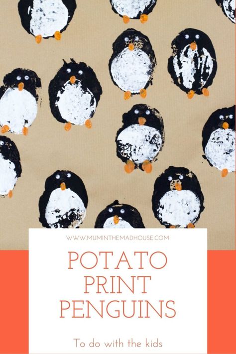 Penguin Fingerprint Art, Potato Printing Christmas, Christmas Potato Stamp, Potato Stamp Christmas, Penguin Wrapping Ideas, Penguin Lino Print, Christmas Crafts Kids Ornaments, Christmas Potatoes, Potato Print