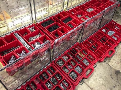 Organizing Screws and Nails Using Milwaukee Packout | PTR Milwaukee Storage Ideas, Packout Organization Ideas, Milwaukee Tools Storage, Packout Milwaukee Ideas, Packout Storage Ideas, Milwaukee Packout Drawers, Screw Organization, Tool Box Organization Ideas, Milwaukee Tool Box Ideas