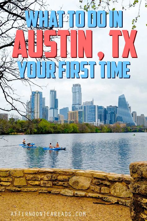 overcast sky with a skyline view of high-rise buildings - this is downtown Austin. Green trees line the skyline view before the lake where people are kayaking 1 Day In Austin Texas, One Day In Austin Texas, Going Out In Austin Outfit, Downtown Austin Texas Things To Do, Unique Things To Do In Austin Texas, Top Things To Do In Austin Texas, Austin Texas Things To Do With Teens, Fall In Austin Texas, Must Do In Austin Texas