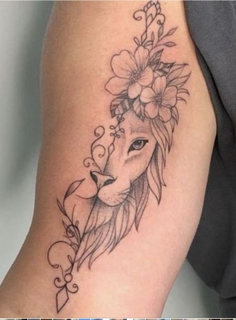 Lion Tattoo With Flowers, Swedish Tattoo, Lioness Tattoo Design, Line Tattoo Ideas, Lioness Tattoo, Tattoos To Cover Scars, Ribbon Tattoos, Leo Tattoos, Chest Tattoos For Women