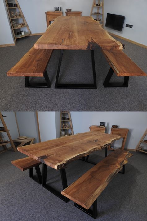 Live Edge Table And Bench, Oak Live Edge Table, Kitchen Table With Benches, Live Edge Table Dining Rooms, Oak Kitchen Table, Oak Table And Chairs, Table With Benches, Woodwork Furniture, Oak Tables