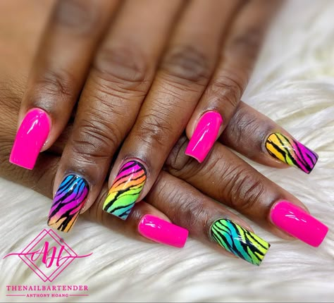 Neon Zebra Nails, Neon Leopard Nails, Neon Cheetah Print Nails, 80s Nail Designs, Neon Leopard Print Nails, Neon Zebra Print Nails, Neon Lepord Print Nails, Rainbow Cheetah Nails, Rainbow Animal Print Nails