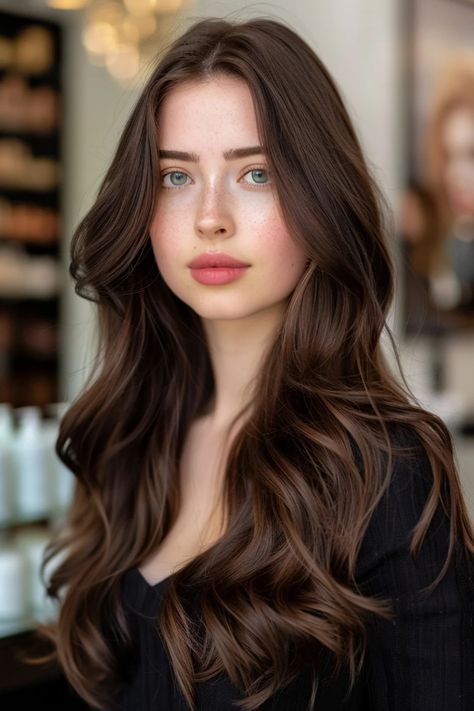 Young woman with long wavy brown hair and a neutral expression standing in a salon. Vibrant Brown Hair, Dark Brown Brunette Hair, Chocolate Hair Highlights, Hair Color Ideas For Brown Skin, Cappuccino Hair Color, Cool Tone Brunette, Hair Colour For Brown Skin, Cool Toned Brown Hair, Blue Eyes Dark Brown Hair