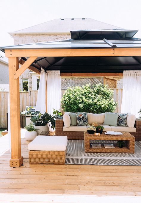 Small Backyard Furniture Layout, Outdoor Patio Ideas Furniture, Tranquil Patio Ideas, Patio Lounge Ideas, Slanted Backyard Ideas, Gazebo Furniture Ideas, Cozy Patio Decorating Ideas, Backyard Inspo Patio, Gazebo Dining