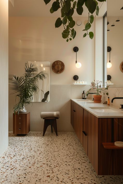 Green And Cream Tile Bathroom, Mid Century Modern Tiny Bathroom, Mid Century Modern Room Ideas, Tiny Mid Century Bathroom, 1950 Bathroom Ideas, 70s Inspired Bathroom Ideas, Modern Colorful House Interior, Mod Century Bathroom, Midcentury Modern Guest Bathroom