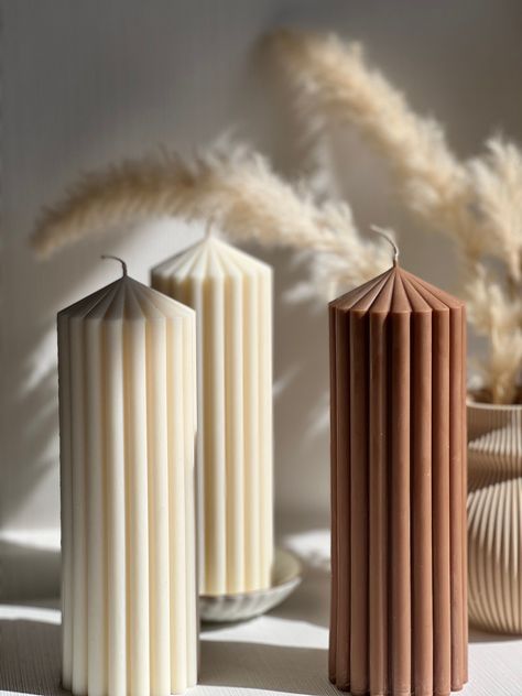 Ribbed Pillar Candle, Candle Decor Bedroom, Candle Shoot, Different Candles, Ribbed Candles, Pilar Candles, Footwear Ideas, Candle Products, White Candle Holders