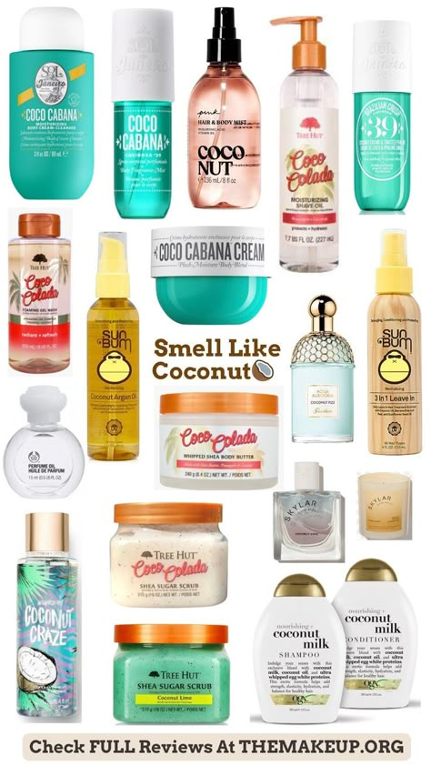 how to smell like coconut Summer Shower Products, Coconut Beauty Products, Body Care Coconut, Coconut Girl Products, Coconut Perfume Best, How To Smell Tropical, Smell Good Coconut, Coconut Smelling Products, Coconut Scented Products