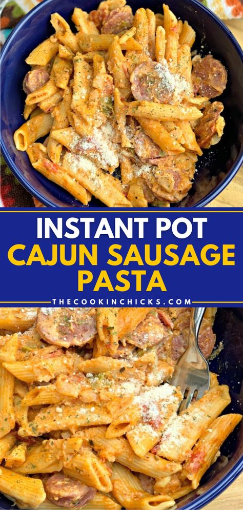 Looking for more one-pot dinners? Here's a pressure cooker meal that's ready in under 20 minutes! Easy yet flavor-packed, this Instant Pot Cajun Chicken Pasta will become one of your favorites. Save this cajun recipe and try this pasta dish today! Cajun Sausage Pasta Instant Pot, Cajun Air Fryer Recipes, Cajun Instant Pot Recipes, Instapot Cajun Chicken Pasta Recipes, Insta Pot Pasta Recipe, Instant Pot Cajun Chicken Pasta, Instant Pot Sausage Recipes, Meals Under 20$, Instant Pot Cajun Pasta