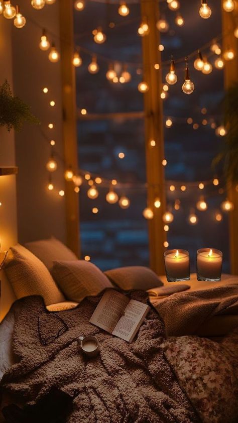 Fairy Lights Around Window, Romantic Bedroom Lighting Ideas, Romantic Bedroom Lighting, Fairy Lights Room, Cozy Bedroom Decor, Fairy Lights Decor, String Lights In The Bedroom, Fairy Lights Bedroom, Bedroom Decor Cozy