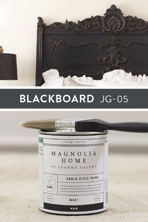 Classic and modern, this rich paint color adds sophistication to any room. On this antique-style headboard, this shade draws out its intricate woodwork. Click below for full color details on this Blackboard Chalk Style Paint color from the Magnolia Home by Joanna Gaines® Paint collection. Magnolia Home Chalk Paint Colors, Magnolia Blackboard Paint, Black Painted Bed, Magnolia Chalk Paint Furniture, Magnolia Chalk Paint Colors, Magnolia Home Chalk Paint, Magnolia Chalk Paint, Painting Headboard Ideas, Chalk Painted Headboard