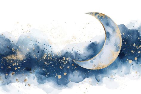 Moon And Stars Watercolor, Moon Watercolor Painting, Celestial Painting, Background Moon, Stars Watercolor, Blue Scrapbook, About Moon, Moon Drawings, Cool Experiments